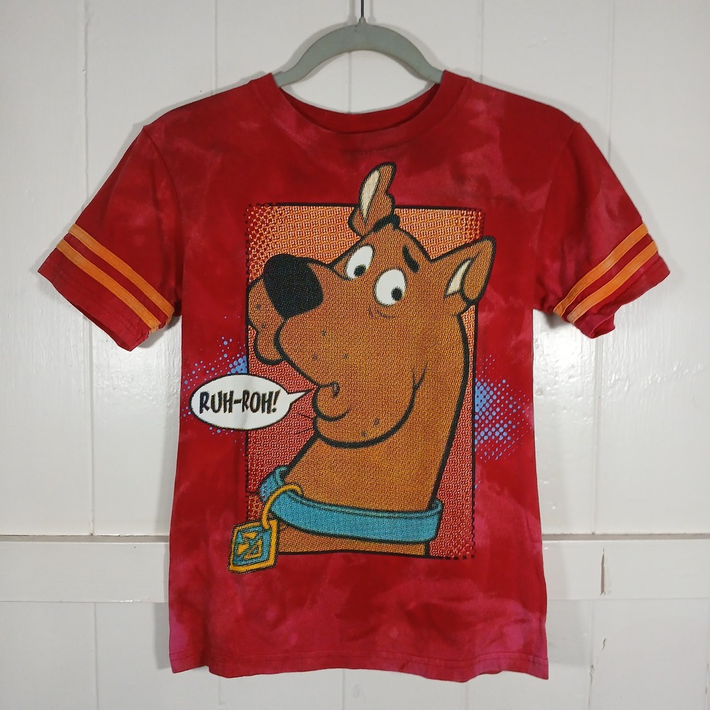 Scooby-Doo Graphic T-Shirt Kids Size L‎ Red Tie Dye Ruh-Roh Sleeve Stripes
